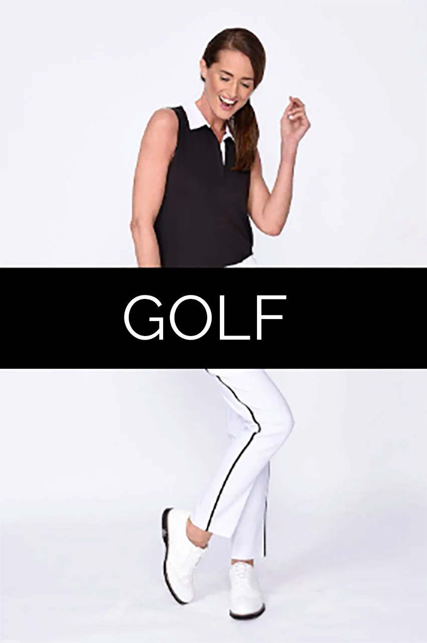 Golfer in a sleeveless top and white golf pants