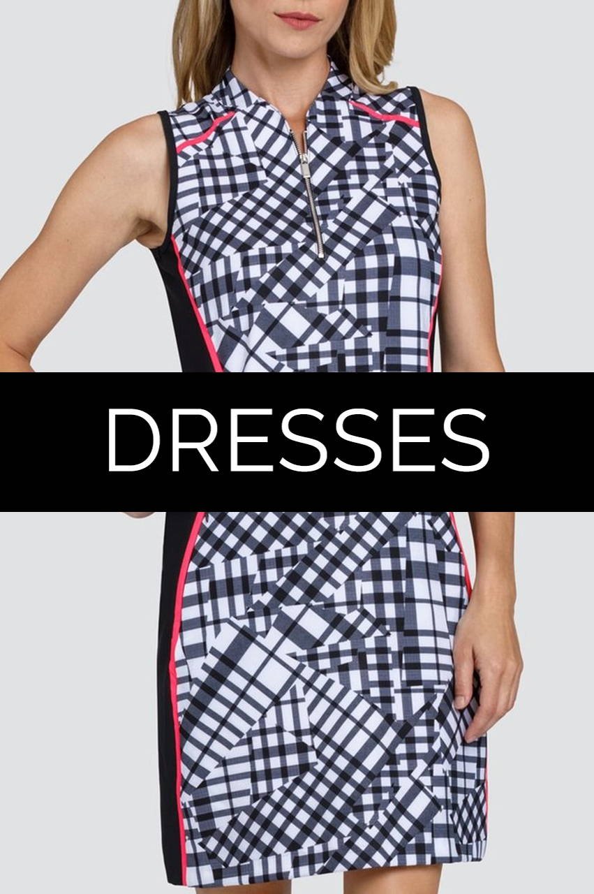 Golfer in a plaid sleeveless golf dress